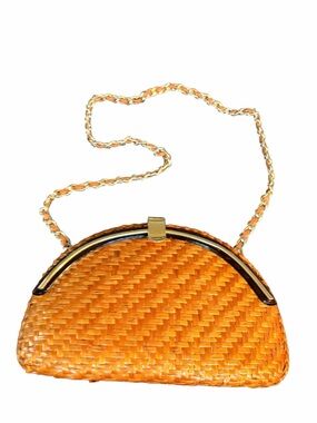 Woven Orangish Tan Half-Moon Clutch with Gold Frame and Clasp